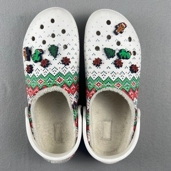CROCS Other - Crocs Classic Lined Clog Mens 13 White Fair Isle Holiday Christmas Pixel Jibbitz